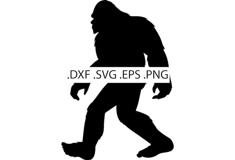 May include: Black silhouette of a Bigfoot walking to the right. The silhouette is a simple outline of the creature with no details.