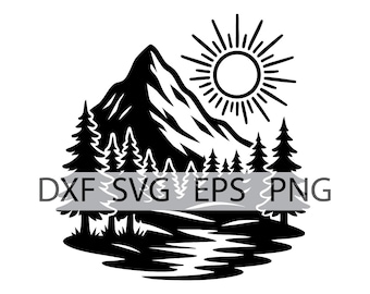 Sunrise Mountain SVG – Black and White Nature Scene | Pine Trees, Sun Rays & Forest Cut File