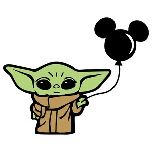 May include: A green cartoon character with large eyes and a brown coat holding a black balloon shaped like Mickey Mouse ears.