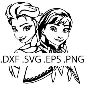 Peut inclure: Illustration en noir et blanc de deux filles aux cheveux longs, l'une avec une tresse. Les filles sont de face et souriantes. Le texte .DXF .SVG .EPS .PNG est sous les filles.