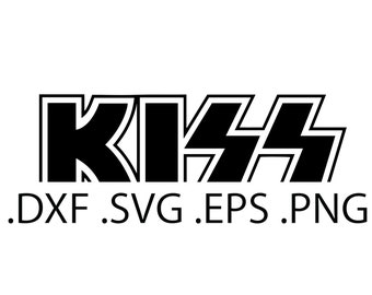 May include: Black and white graphic design of the word "KISS" with a double outline. The text is in all caps and the letters are stylized. The text is followed by the file formats .DXF .SVG .EPS .PNG.