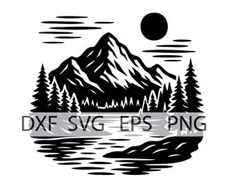 Mountain Lake Scene SVG – Black and White Landscape Vector | Evergreen Trees, Sun & Water Reflection Cut File