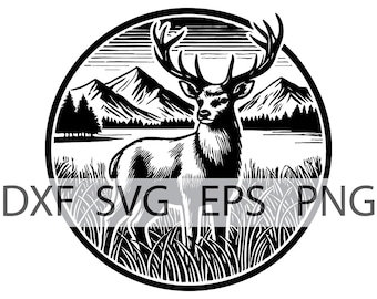 Deer in a Field with Mountains - Rustic Decor - Digital Download, Instant Download, svg, dxf, eps & png files included!