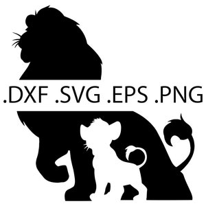 May include: Black silhouette of a lion and a cub, with the text '.DXF .SVG .EPS .PNG' in the middle.