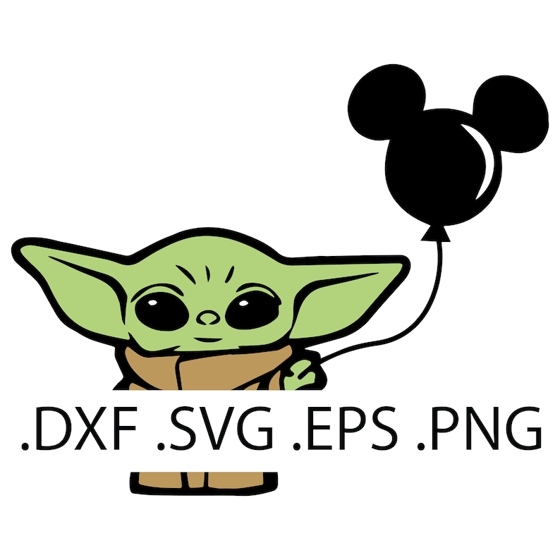 May include: A green cartoon character with large eyes and a brown robe holding a black balloon with Mickey Mouse ears. The text .DXF .SVG .EPS .PNG is below the character.