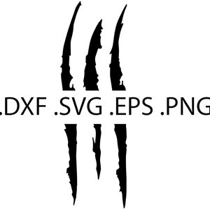 May include: Black and white silhouette of three claw marks. The text .DXF .SVG .EPS .PNG is below the claw marks.