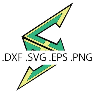 May include: A green and yellow stylised letter S with a black outline. The letter is in the shape of a lightning bolt. The text .DXF .SVG .EPS .PNG is below the letter.