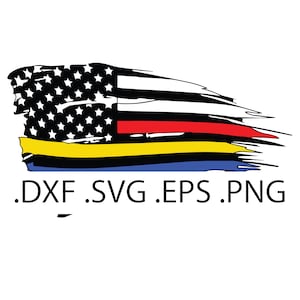 Może przedstawiać: Zniszczona flaga amerykańska z dodatkowym czerwonym, żółtym i niebieskim paskiem poniżej gwiazd i pasów. Flaga jest w stylu wyblakłym i zniszczonym, z postrzępionymi i rozerwanymi krawędziami. Tekst '.DXF .SVG .EPS .PNG' znajduje się pod flagą.