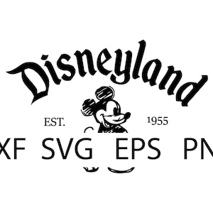 May include: Black and white illustration of the Disneyland logo with Mickey Mouse's head in the centre. The text reads "Disneyland" with "EST. 1955" below. The image includes the file formats: DXF, SVG, EPS, and PNG.