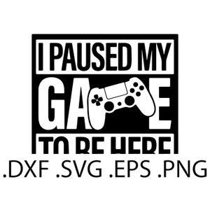Pode incluir: Design gráfico preto e branco com o texto "Pausei meu jogo para estar aqui". O gráfico inclui um controlador de videogame.