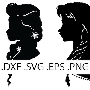Puede incluir: Silueta negra de dos perfiles de mujer. La mujer de la izquierda tiene un recogido con adornos de copo de nieve. La mujer de la derecha tiene una trenza. Debajo, las extensiones de archivo: .DXF .SVG .EPS .PNG.