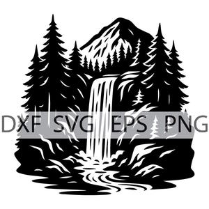 May include: Black and white illustration of a mountain scene with a waterfall, trees, and a river. The image includes the text "DXF SVG EPS PNG".