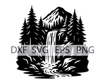 Mountain Waterfall SVG – Black and White Nature Scene Vector | Pine Trees, River & Mountain Clip Art for Cricut, Laser, Sublimation