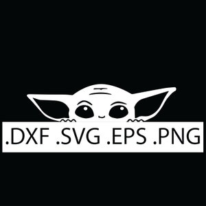以下が含まれることがあります： 黒と白のデジタルイラストで、.DXF .SVG .EPS .PNGというテキストの入ったバナーの上から覗いている漫画のキャラクターが描かれています。キャラクターは大きな目と小さな口をしています。