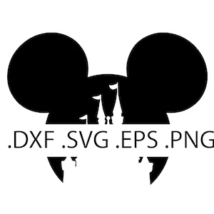 May include: Black and white silhouette of Mickey Mouse ears with a castle inside. The text .DXF .SVG .EPS .PNG is below the castle.
