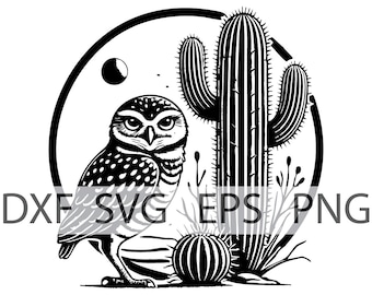 Burrowing Owl and Cactus - Rustic Decor - Digital Download, Instant Download, svg, dxf, eps & png files included!