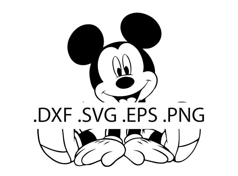 May include: Black and white illustration of Mickey Mouse peeking over a surface with his hands in front of him. The text .DXF .SVG .EPS .PNG is below him.
