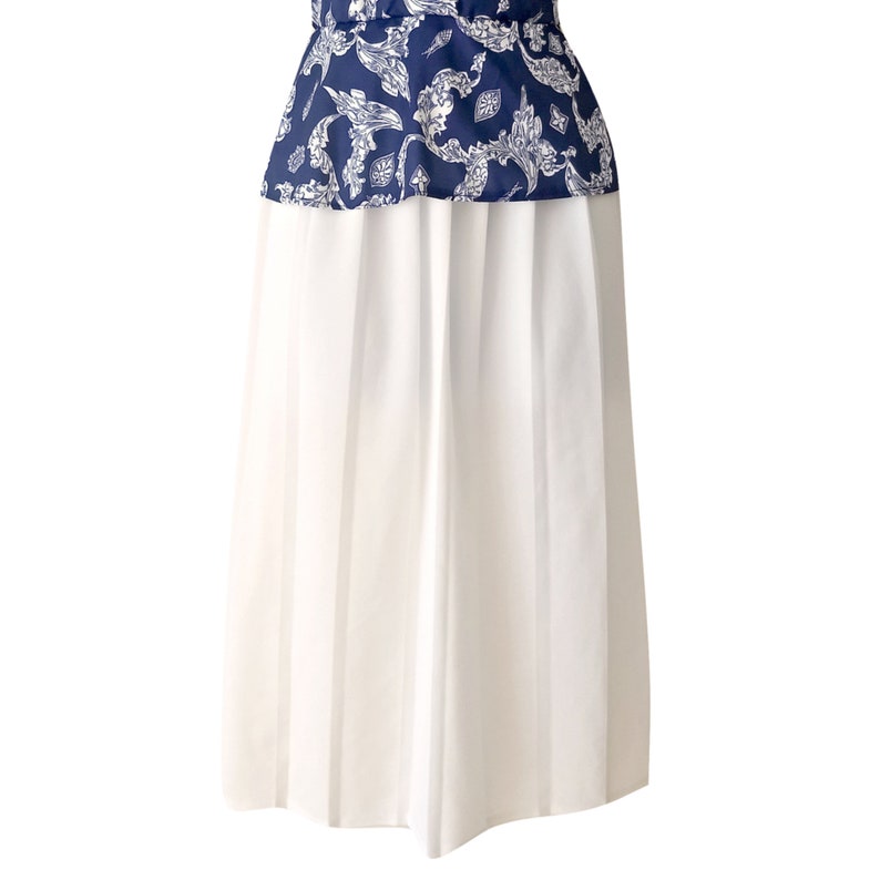 Vintage Dress 80s Peplum Navy Blue Pleated Skirt White Midi Mididress Buttons 1980s Size Large