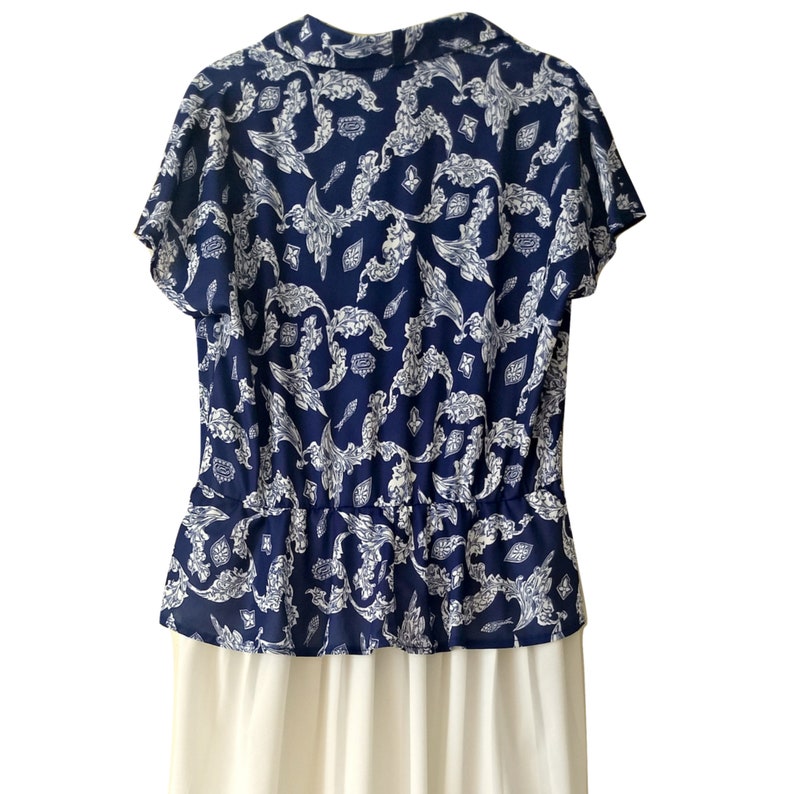 Vintage Dress 80s Peplum Navy Blue Pleated Skirt White Midi Mididress Buttons 1980s Size Large