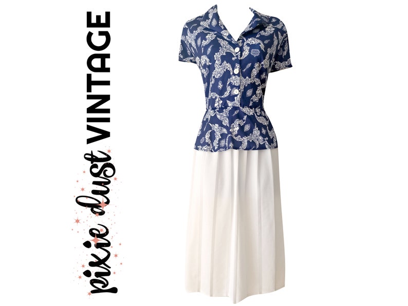 Vintage Dress 80s Peplum Navy Blue Pleated Skirt White Midi Mididress Buttons 1980s Size Large