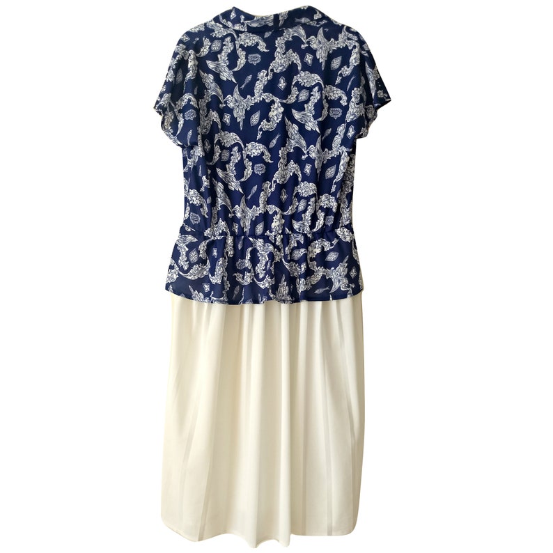 Vintage Dress 80s Peplum Navy Blue Pleated Skirt White Midi Mididress Buttons 1980s Size Large