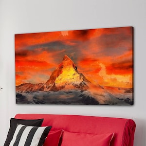 Red Matterhorn Mountain print on canvas, Alps Mountains Switzerland, Swiss landscape Red sunset in the Swiss mountains Red Mountain Trekking