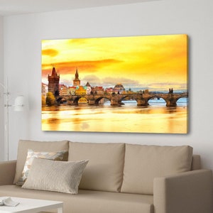 Impresión sobre lienzo de paisaje de Praga, póster de la República Checa, puente de Praga, cuadro grande de Praga, arte mural, decoración de interiores, paisaje europeo