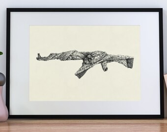 Amulet. Mascot, talisman, charm. Ink Art. Kalashnikov assault rifle, an AK-47 in a grandmother&#39;s scarf. No War. Protection and Self-defense