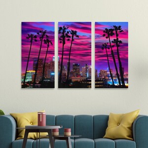 Palm trees night California, Los Angeles urban landscape, canvas print on wooden frame, USA LA Skyscrapers, LA sunset, set of three parts
