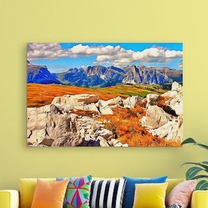 Dolomites Alps, landscape Italy, Italian Alps, Mountain Village print on canvas, Digital art Alps Wall Decor Print, Mount Alps Canvas Art