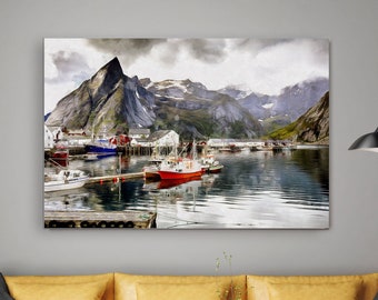 Norway Landscape print on canvas, Large Wall Art, Mountains and Jetty on the Lake, Nature Interior Decor, Lofoten mountain, Norway fjord