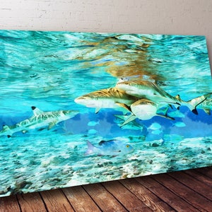 Impresión de tiburones en lienzo, póster de tiburones, pintura artística grande, póster, arte mural de peces, tiburón en interior, diseño de habitación marina, pintura al óleo