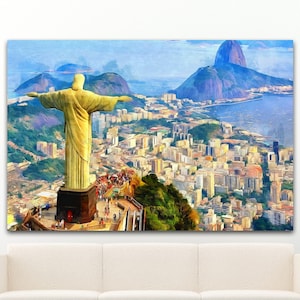 Impresión de paisaje de Río de Janeiro en lienzo, póster de Brasil, pintura de arte grande, arte de pared, decoración de interiores, diseño de habitaciones con montañas, América Latina