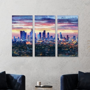 Evening California panoramic, set of 3 parts print on canvas on wooden frame, Los Angeles skyscrapers urban landscape Wall Art LA Interior