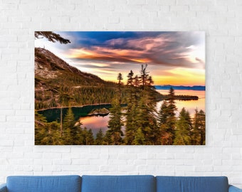 Lake Tahoe print on canvas, Sierra Nevada poster, Mountains Poster, Large Art Wall Painting, nature interior decor, USA landscape California