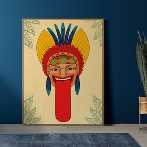 Póster de papel con arte de ayahuasca de los indios nativos americanos Cherokee, tocado de jefe con plumas, para interiores luminosos, historia de EE. UU., lengua roja.