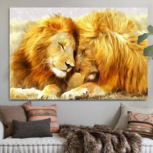 Tierna pareja de leones, impresión en lienzo, cuadro artístico grande, leones enamorados, regalo de aniversario gay, póster de pareja LGBTQ, amigo masculino, amor de hombres