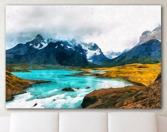 Torres del Paine print on canvas, Patagonia poster, National park print Mountains painting Chile wall art Mountains lake scenery