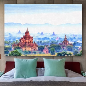 Impresión sobre lienzo de Bagan, póster de Myanmar, pintura de gran tamaño birmana, póster, arte mural, diseño de interiores, impresión ecológica, paisaje urbano, Asia
