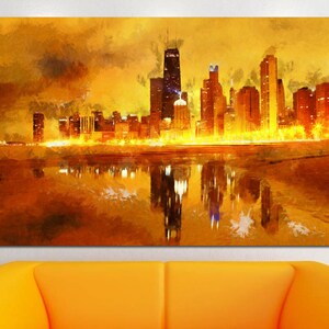 Stampa su tela di Chicago notturna, poster artistico di Chicago, lago Orange Michigan, grande dipinto artistico del lago Orange Chicago, città USA Illinois