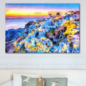 Santorini print op canvas, Griekenland poster, groot schilderij, Egeïsche Zee interieur, kamerontwerp, Thera-landschap, Europa, avond Griekenland