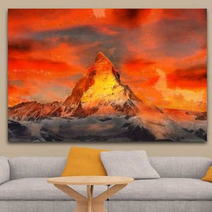 Rotes Matterhorn Druck auf Leinwand, Alpen Berge Plakat, Schweiz Schweizer Landschaft Roter Sonnenuntergang in den Schweizer Bergen Rote Berge Trekking
