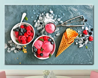 Still life with raspberry ice cream print on canvas, Raspberries and blueberries with ice cream on the table poster, ice cream waffle cups