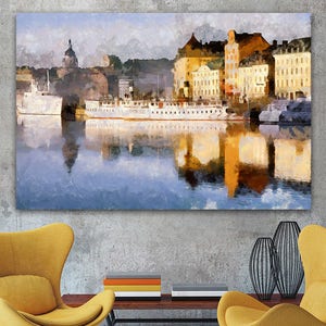 Impresión sobre lienzo de Estocolmo, póster de Suecia, pintura de gran tamaño, arte mural, decoración de interiores, diseño de sala de estar, paisaje nórdico, paisaje urbano