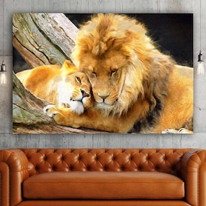 Couple Lions poster, Lion And Lioness Hugging print on canvas, Lion Large Art Lions Couples Wall Art Lions in Love Poster Lions
