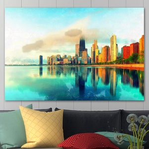 Stampa su tela "Autunno a Chicago", poster artistico di Chicago, grande stampa artistica dei grattacieli di Chicago, lago Michigan, stampa paesaggistica degli Stati Uniti, Illinois