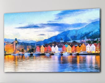 Evening Bergen print on Canvas, Bergen Poster on photopaper, Large Art painting,  Wall art, interior decor Norway print canvas Norway poster