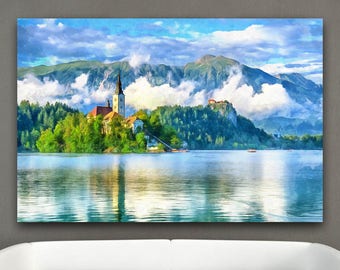 Lake Bled Landscape print on canvas, Slovenia Poster, Large Art painting, Wall art, interior decor, mountains room design, Europe landscape
