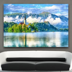 Impresión en lienzo del paisaje del lago Bled, póster de Eslovenia, pintura de gran tamaño, arte mural, decoración de interiores, diseño de habitaciones con montañas, paisaje europeo.