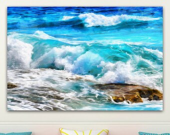 Blue Waves print on canvas, Ocean Wave poster, Large Art painting, Wall art, ocean room, sea wave painting, seaside, marine print, nature